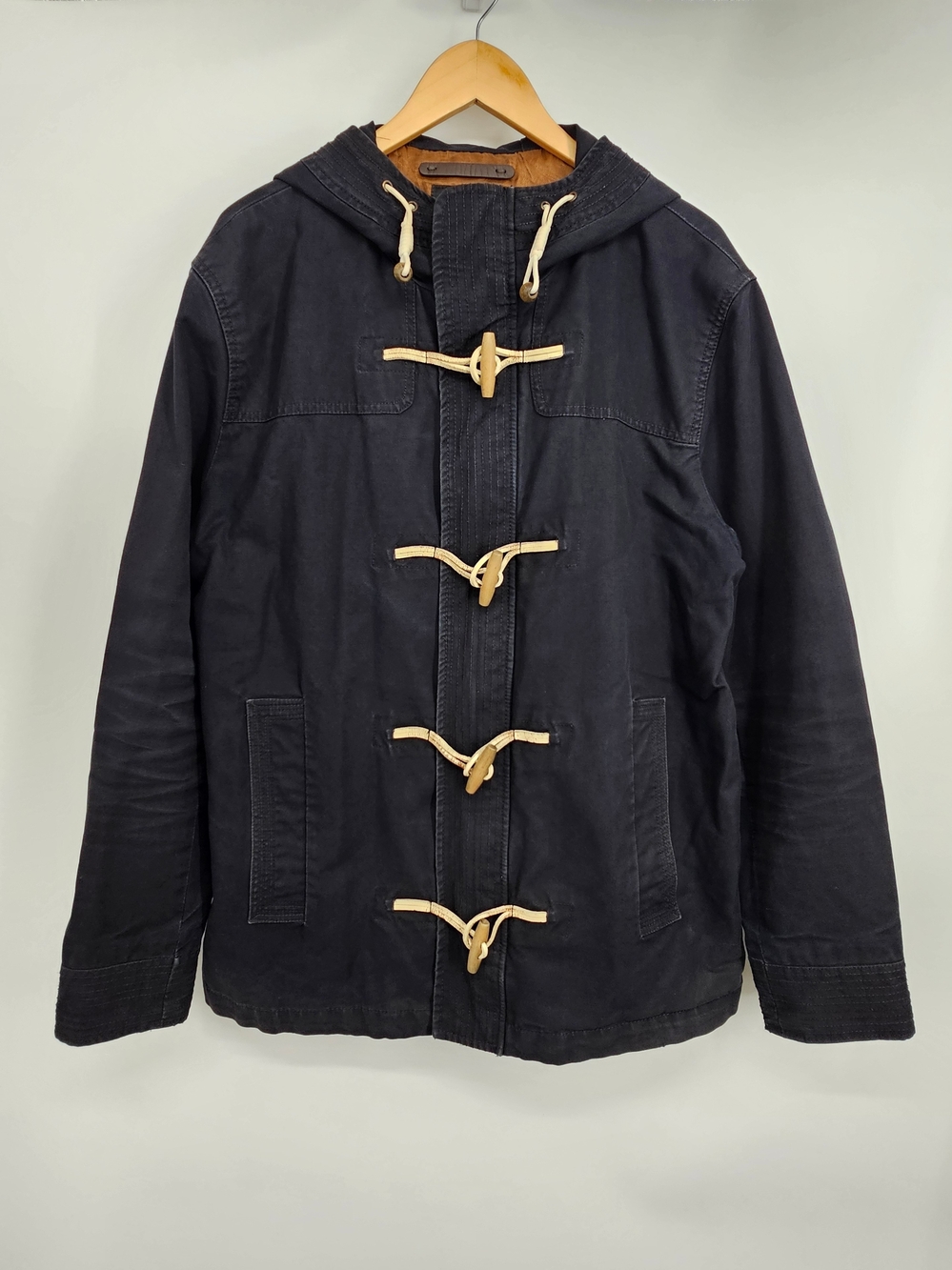 H&M Men's 44R Navy Canvas Duffle Jacket Hooded Toggle Coat Cotton